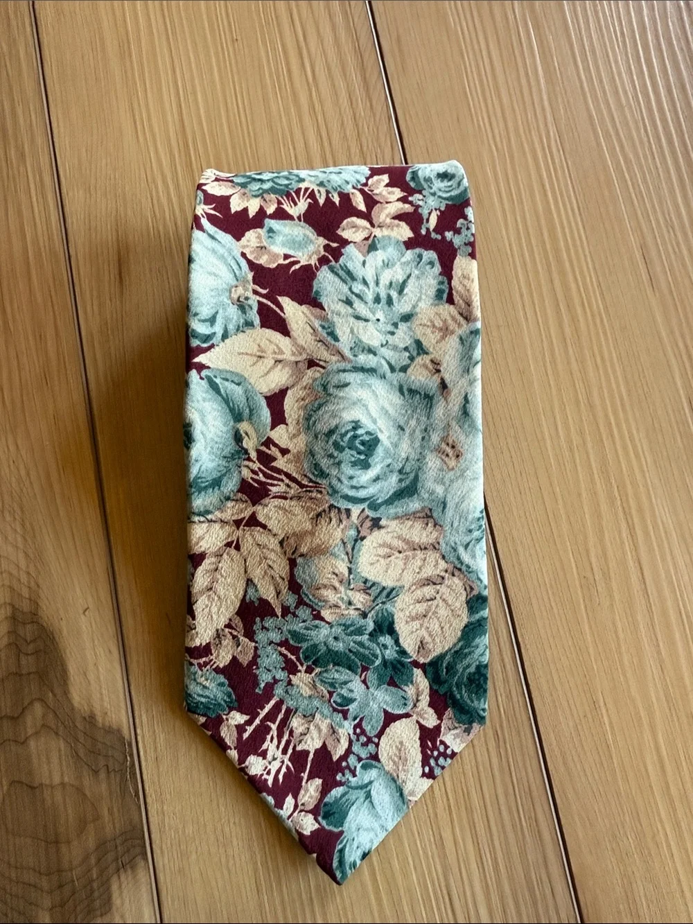 Karl Lagerfeld Burgundy Floral Vtg Silk Tie with Teal and Cream Accents